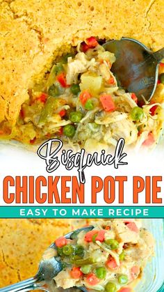 chicken pot pie on a plate with a spoon in it and the title overlay