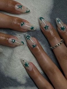 Green Nails Heart Design, Short Green Stilleto Nails, Sage Green Nails With Stars, Almond Nails Designs Dark Green, Almond Nail Inspo Green, Minimalist Rhinestone Nail, Green Nail Ideas Almond, Green Esmeralda Nails, Funky Green Nail Designs