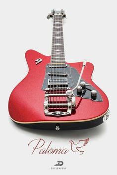 a red electric guitar sitting on top of a white background with the words paloma e written below it