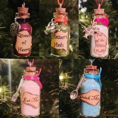 four different types of salt and pepper shakers hanging from a christmas ornament