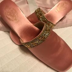 ‘Chez Soi’ Paris Pink Slip On Mules. Very Elegant And Glamorous Boudoir Style Slippers, Decorated With Sequins And Stones. Never Worn Pre-Owned Condition. Ugg Dakota, Paris Pink, Moccasins Slippers, Shoes Pink, Slip On Mules, Leather Slippers, Satin Slip, House Shoes, Slipper Shoes