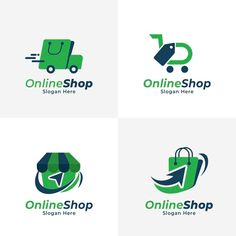 four logos for online shop with shopping bags and an e - mail bag in the middle