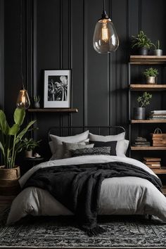 a bedroom with black walls, white bedding and plants on the shelf above it