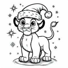 a black and white drawing of a lion wearing a santa hat with stars in the background