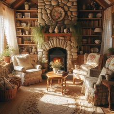 a living room filled with lots of furniture and a fire place in the middle of it