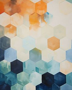 an abstract painting with hexagonal shapes in blue, orange and yellow