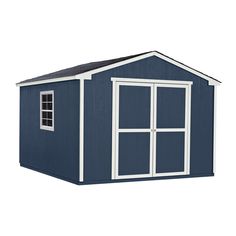 a blue storage shed with windows on the roof and side walls, isolated against a white background