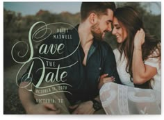 save the date card with an image of a man and woman in love on it