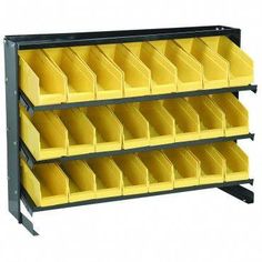 three shelves with bins on each side and one shelf holding several yellow bins