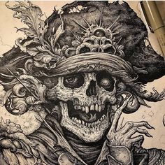 a drawing of a skull wearing a hat with feathers on it's head and hands