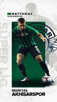 a man kicking a soccer ball on top of a green and white field with the words besiktas akhisaraspor