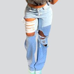 Your summer wardrobe isn't complete without our 2023 Spring-Summer Collection of gritty style distressed jeans! Crafted for strong. bold women. these straight. high-waisted jeans feature a zipper and button closure for a perfect silhouette. Embrace your individual style with this vintage-inspired piece that offers an easy and carefree way to make a statement.Distinctive Features: Grunge Style: The perfect mix of aged allure and today's spirited modern pulse. Distressed Look: An edgy. fashion-for Mid-rise Distressed Flare Jeans For Summer, Non-stretch Flare Jeans For Summer Streetwear, Trendy Ripped Denim Blue Flare Jeans, Trendy Ripped Cropped Jeans, Ripped Mid-rise Flare Jeans, Summer Ripped Mid-rise Flare Jeans, Summer Mid-rise Ripped Flare Jeans, Trendy Ripped Relaxed Fit Flare Jeans, Trendy Distressed Flare Jeans For Summer