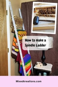 a ladder that is next to a sink and towel rack in a room with brown curtains