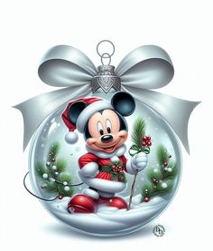 a mickey mouse christmas ornament hanging from a ribbon