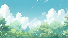 an anime scene with trees and clouds in the sky