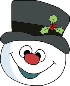 a snowman wearing a top hat and holly berry on his forehead with eyes wide open