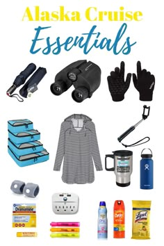 the alaska cruise essentials poster is shown with items to pack up for it's trip