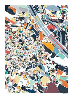 an abstract map of the city of london in multi - colored squares and lines, including buildings