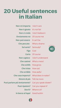 the words in italian are written on pink paper with green and red lettering that says, 20 useful sentences in italian