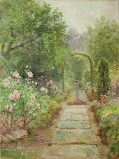 a painting of a garden path with flowers and trees on either side, surrounded by greenery