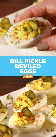 the deviled eggs are stuffed with pickles and cheese