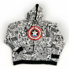 This vintage Y2K Captain America Marvel jacket is a must-have for any Marvel fan. Made with high-quality cotton, it features a zip-up design and a basic jacket style. The jacket is available in size 2XL and is perfect for men who want to add a touch of nostalgia to their wardrobe. The white color of the jacket complements the red and blue design of the Captain America costume, making it a great addition to any outfit. Whether you're going to a comic-con or just want to show off your love for Marvel, this jacket is the perfect choice. With its unique design and high-quality construction, it's sure to turn heads. So why wait? Add this vintage Y2K Captain America Marvel jacket to your collection today! Marvel Clothing, Red And Blue Design, Marvel Jacket, Captain America Costume, Costume Making, Marvel Clothes, Basic Jackets, Marvel Fan, Zip Up Jacket