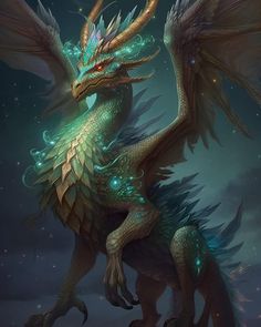 a green and blue dragon sitting on top of a cloud covered ground with its wings spread