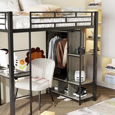 a bunk bed with a desk underneath it