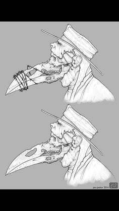 two different views of the head and neck of a man with a knife in his mouth