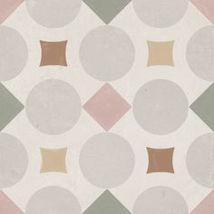 an abstract tile design with circles and squares in grey, pink, beige and green