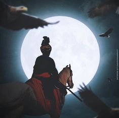 a man riding on the back of a horse in front of a full moon