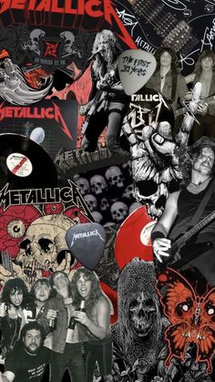 a collage of various images with the words metallic and skulls on them, all in black