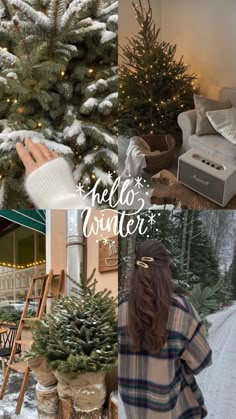 a collage of christmas trees with the words hello winter written in white on them