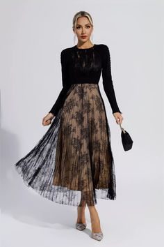 Elegant Long Sleeve Dresses With Lace Cuffs, Elegant Long Sleeve Dress With Lace Sleeves For Evening, Elegant Winter Dress With Lace Patchwork, Black Lace Dress With Lace Cuffs For Evening, Elegant Long Sleeve Lace Dress With Lace Cuffs, Elegant Long Sleeve Lace Dress For Evening, Winter Evening Dresses With Lace Sleeves, Long Sleeve Lace Dress With Lace Cuffs, Fall Formal Lace Dress With Lace Trim