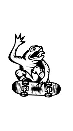 a black and white drawing of a frog on a skateboard