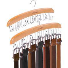 the wooden hangers are displaying different colors