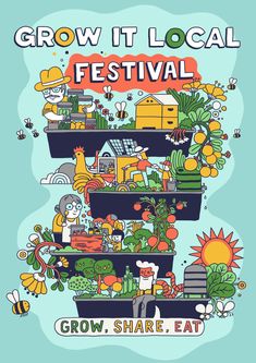 the grow it local festival poster with an image of people in various stages of growing