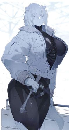 an anime character holding a baseball bat and posing for the camera with snow in the background