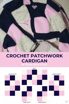 the crochet patchwork cardigan pattern is shown in pink, white and black