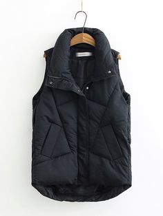 Color: Black, Size: L Women Puffer Vest, Puffer Vest Women, Jacket Store, Sleeveless Puffer, Womens Puffer Vest, Plus Size Winter, Vest Women, Cotton Vest, Looks Black