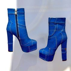 Jean Denim Bootiess Fitted Denim Heels For Fall, Denim Blue Fitted Heels With Round Toe, Blue Denim Boots With Round Toe, Luxury Denim Boots With Round Toe, Chic Blue Denim Boots, Denim Blue Pointed Toe Denim Boots, Luxury Denim Boots For Women, Luxury Denim Boots, Blue Denim Platform Heels