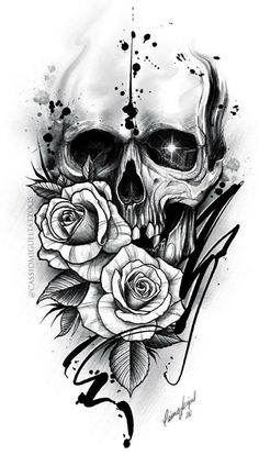 a black and white drawing of a skull with roses