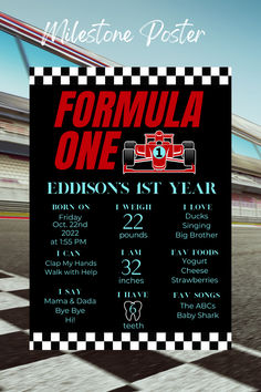 a poster for the formula one event in front of a checkered race track with red and white stripes