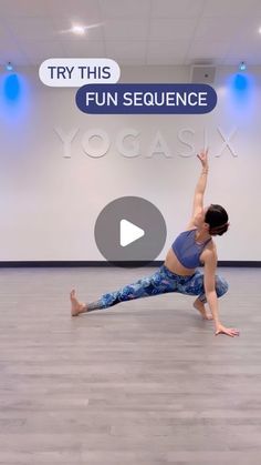 a woman is doing yoga in front of a sign that says try this fun sequence