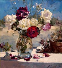 a painting of white and red roses in a glass vase on a table with other flowers