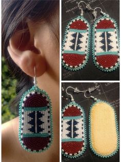 three pictures of earrings made with beads and beadwork, including the letter t