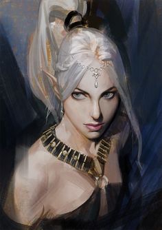 a digital painting of a woman with white hair and gold jewelry on her head, wearing a black dress