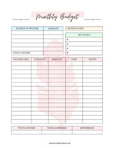 a printable budget sheet with the words,'money budget'and an image of a