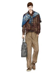 a drawing of a man holding a handbag in his right hand and wearing brown pants