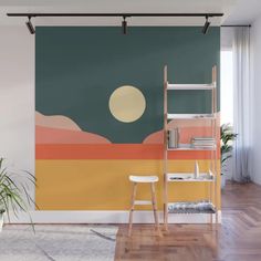 a room with a large painting on the wall next to a ladder and chair in front of it